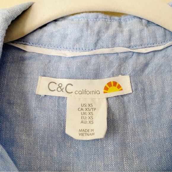 C&C California | 100% Linen Button Front Shirt Dress Summer Beachy Blue XS - Picture 7 of 8